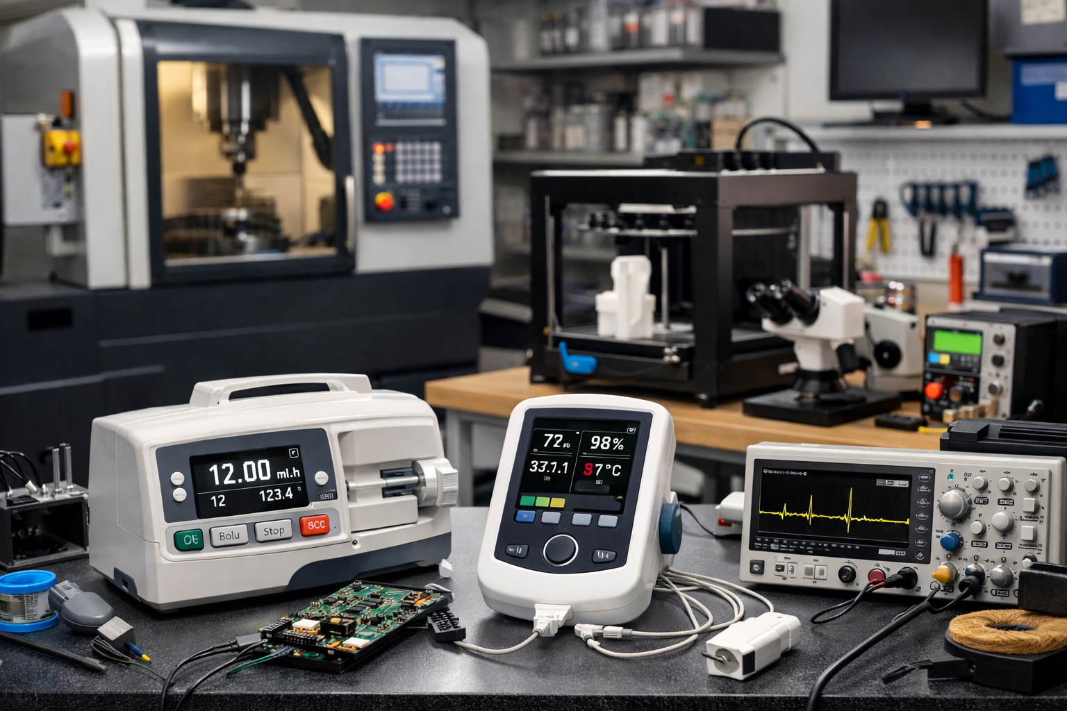 Prototyping-Werkstatt mit Medizintechnik-Funktionsmustern, 3D-Druck, CNC und Elektroniklabor